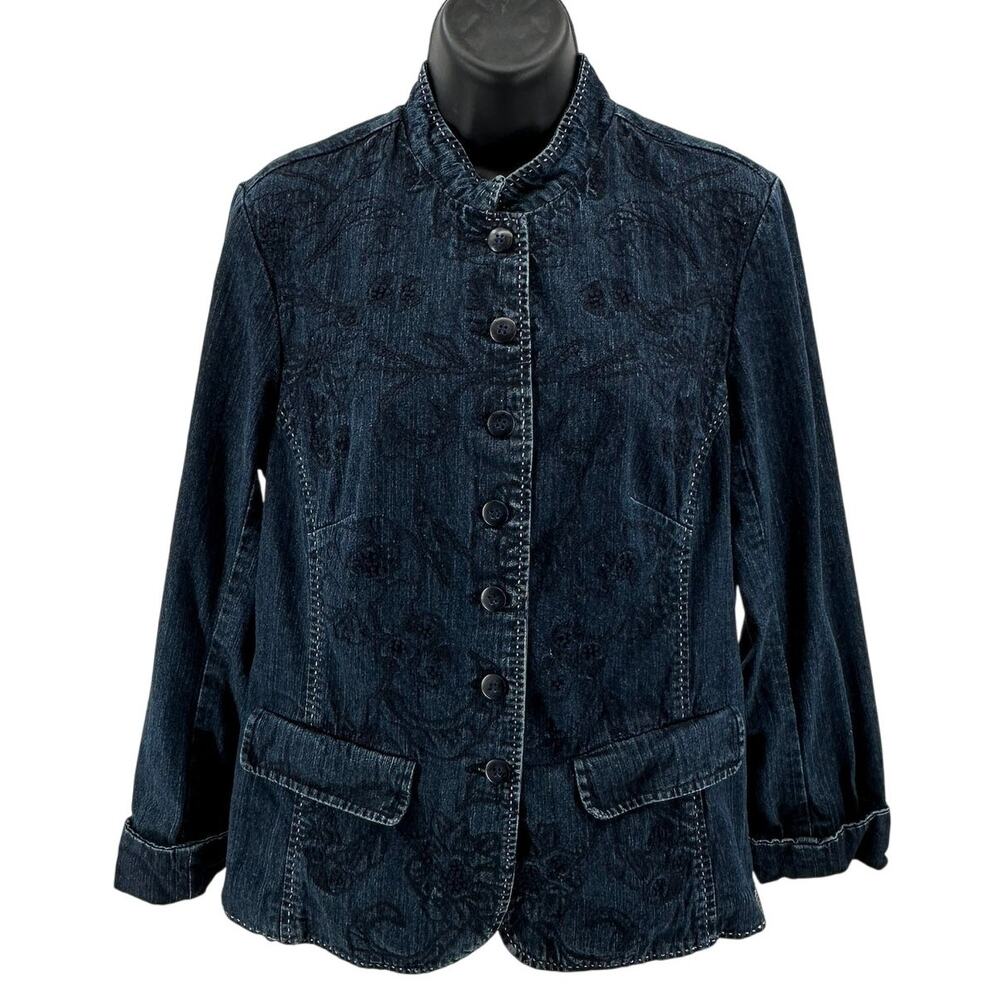 Coldwater Creek Jean Jacket WMNS 12 Dark Wash Denim Button Up Embroidered Pocket